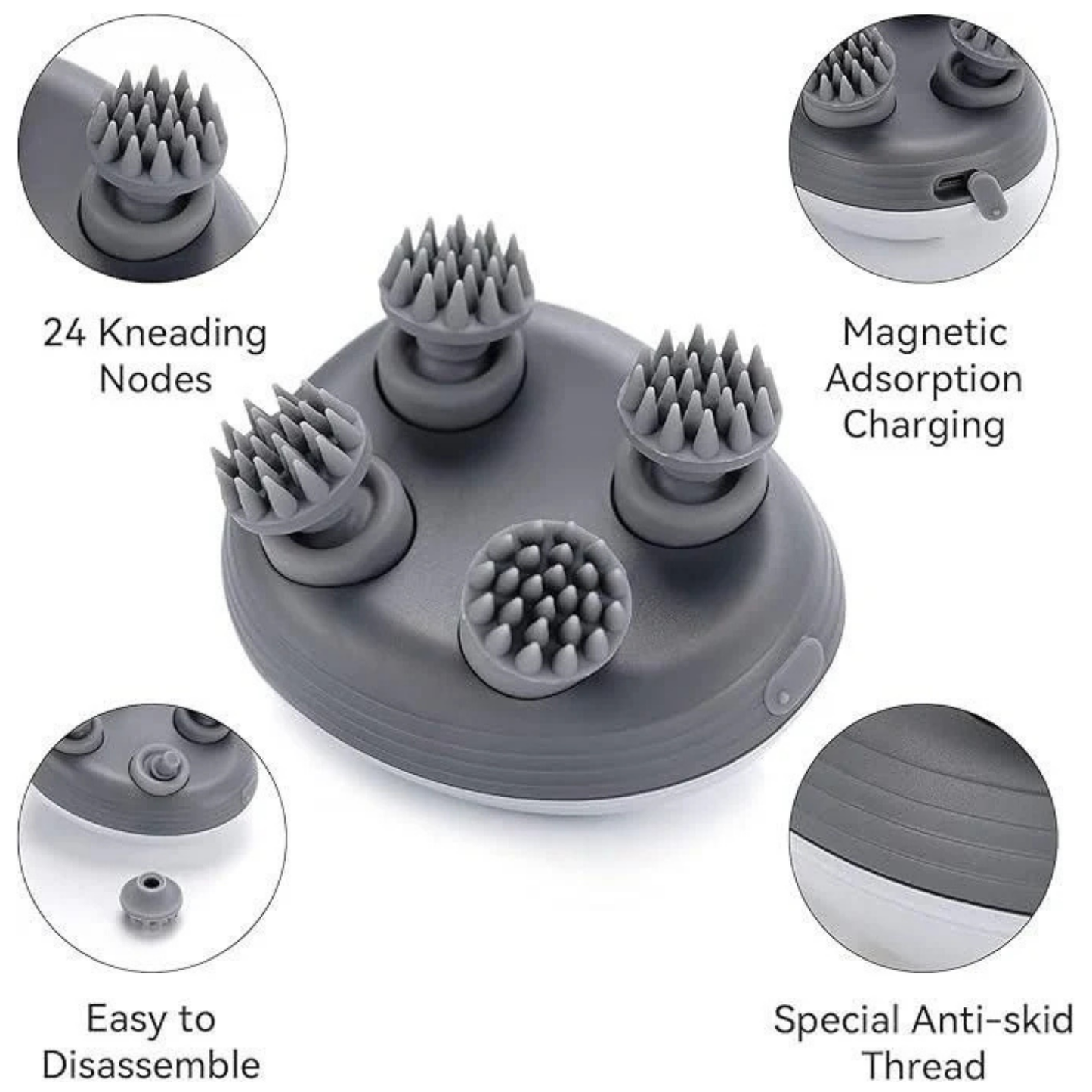 Rechargeable scalp massager with 24 kneading nodes, magnetic charging, and anti-skid design