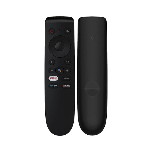 Side-by-side front and back image of the OnePlus Smart TV Remote highlighting its button layout and ergonomic back panel.