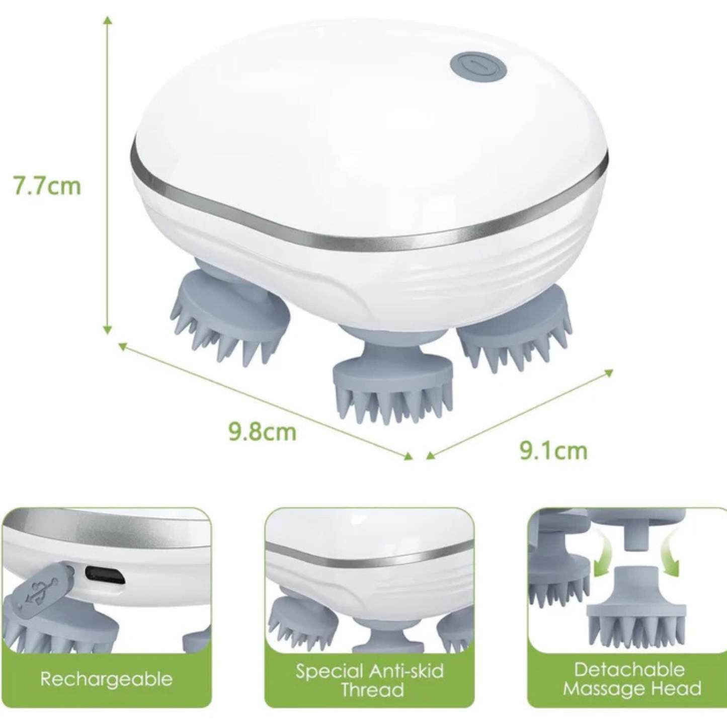 Portable head and scalp massager with detachable massage head, rechargeable battery, and anti-slip grip