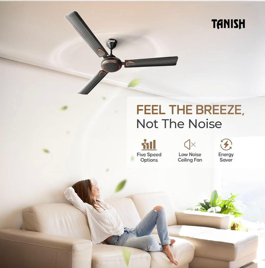 Smoke color Tanish ceiling fan installed in a living room, promoting silent and powerful airflow.