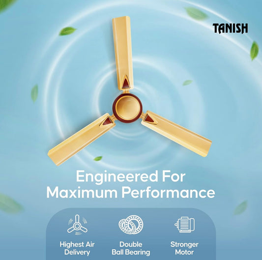 Golden finish Tanish ceiling fan in a modern interior, showcasing elegance and performance.