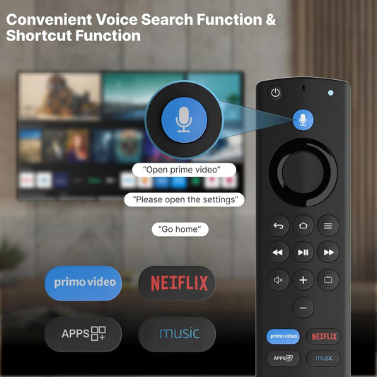 Firestick remote showing Alexa voice search, shortcut keys for Netflix, Prime Video, and Music streaming apps