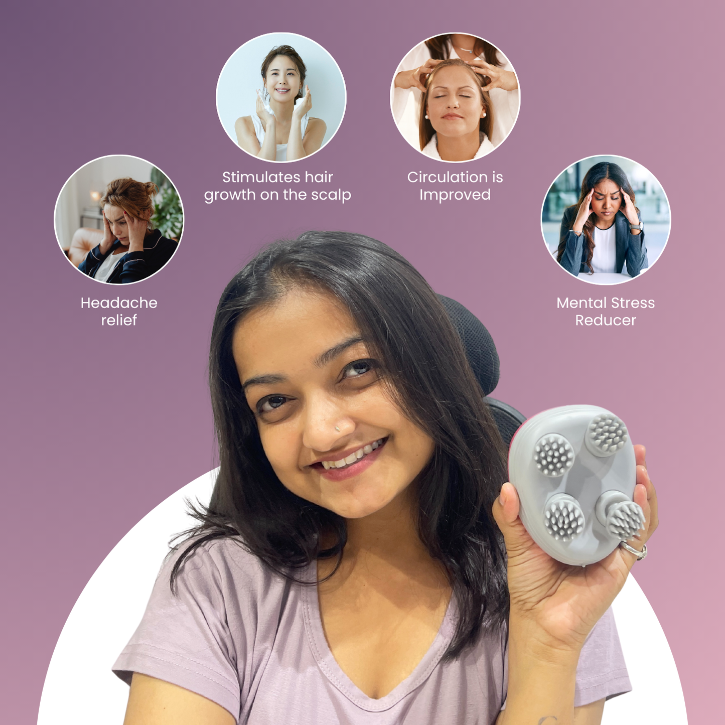 Woman using Tanishele scalp massager for hair growth, improved blood circulation, and headache relief