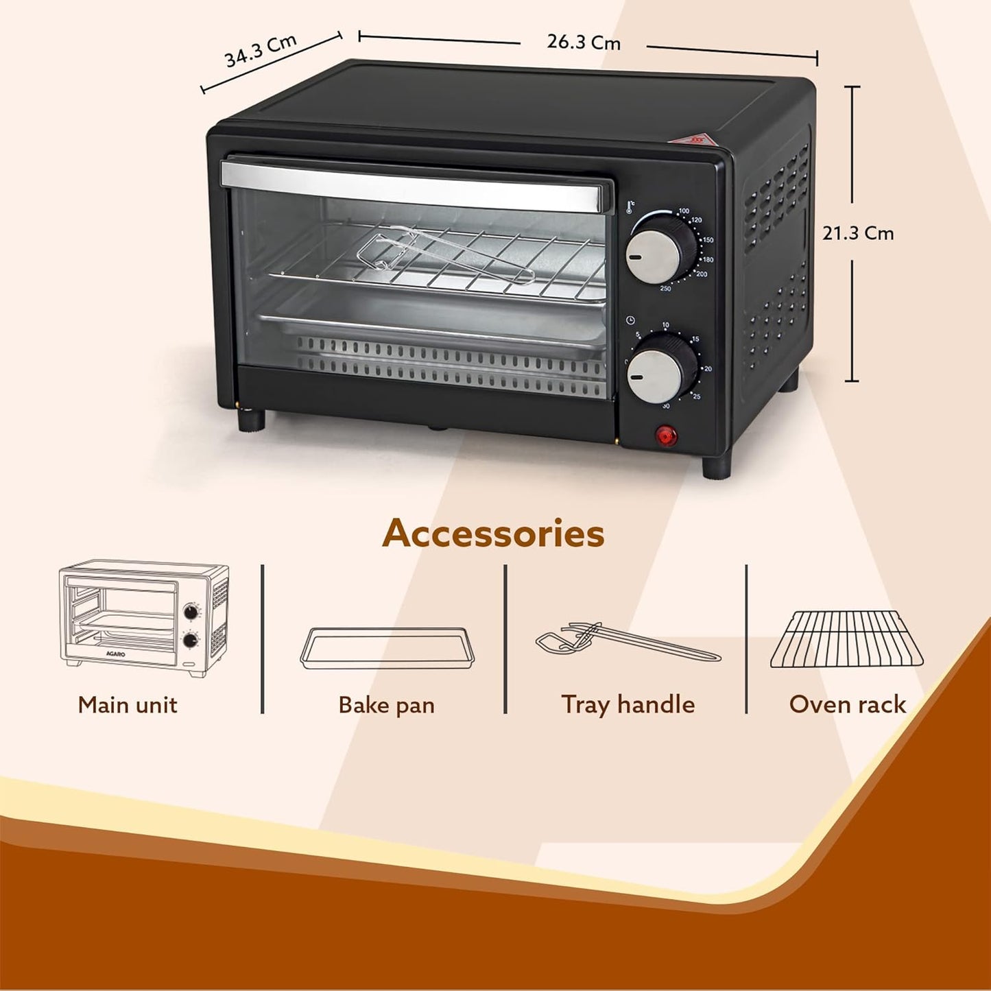 Tanish OTG oven with accessories including main unit, tray handle, bake pan, and wire rack, plus product size dimensions