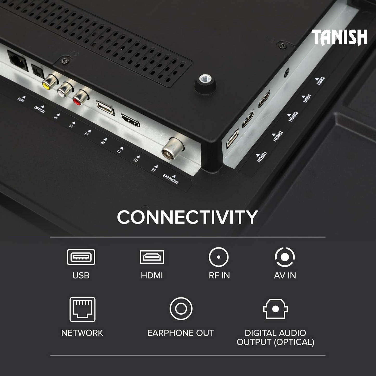 Tanish 32-inch Smart TV back panel showing HDMI, USB, AV, Ethernet, and headphone port connectivity options
