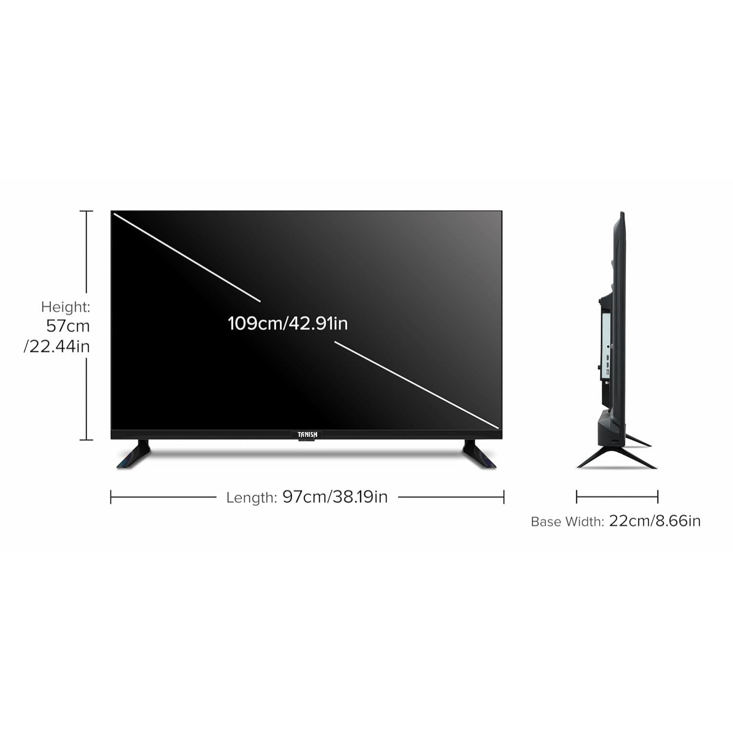Side profile and size dimensions of Tanish 43-inch Smart TV with sleek stand design