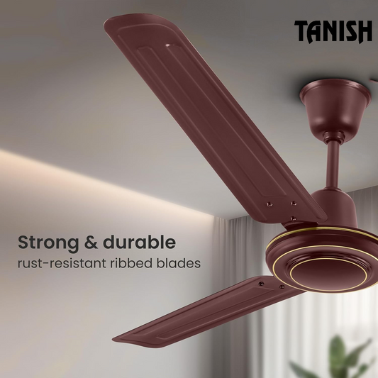 Brown color Tanish ceiling fan with Strong and durable rust-resistant ribbed blades