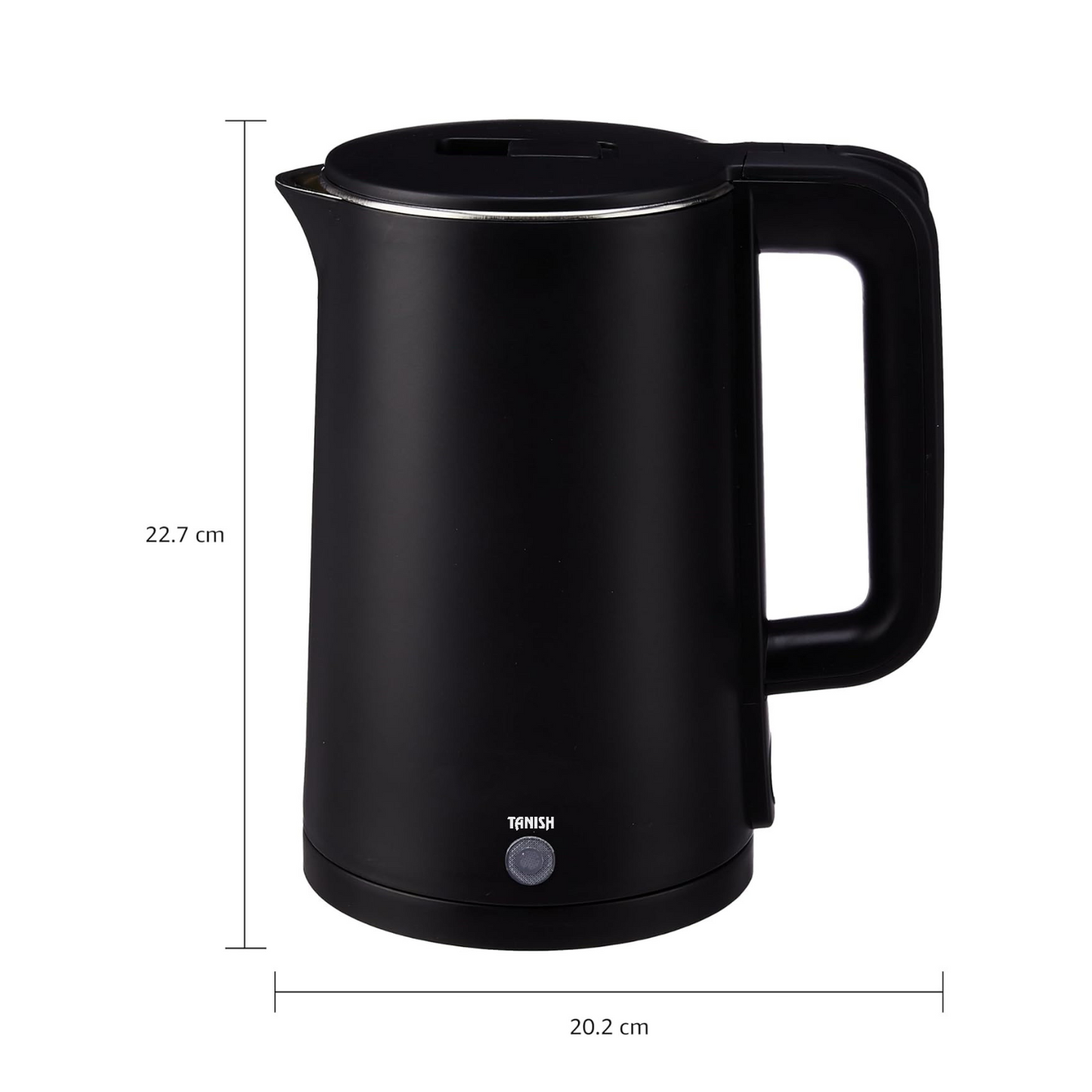 Dimension chart of Tanish 1.8L black electric kettle showing height and width