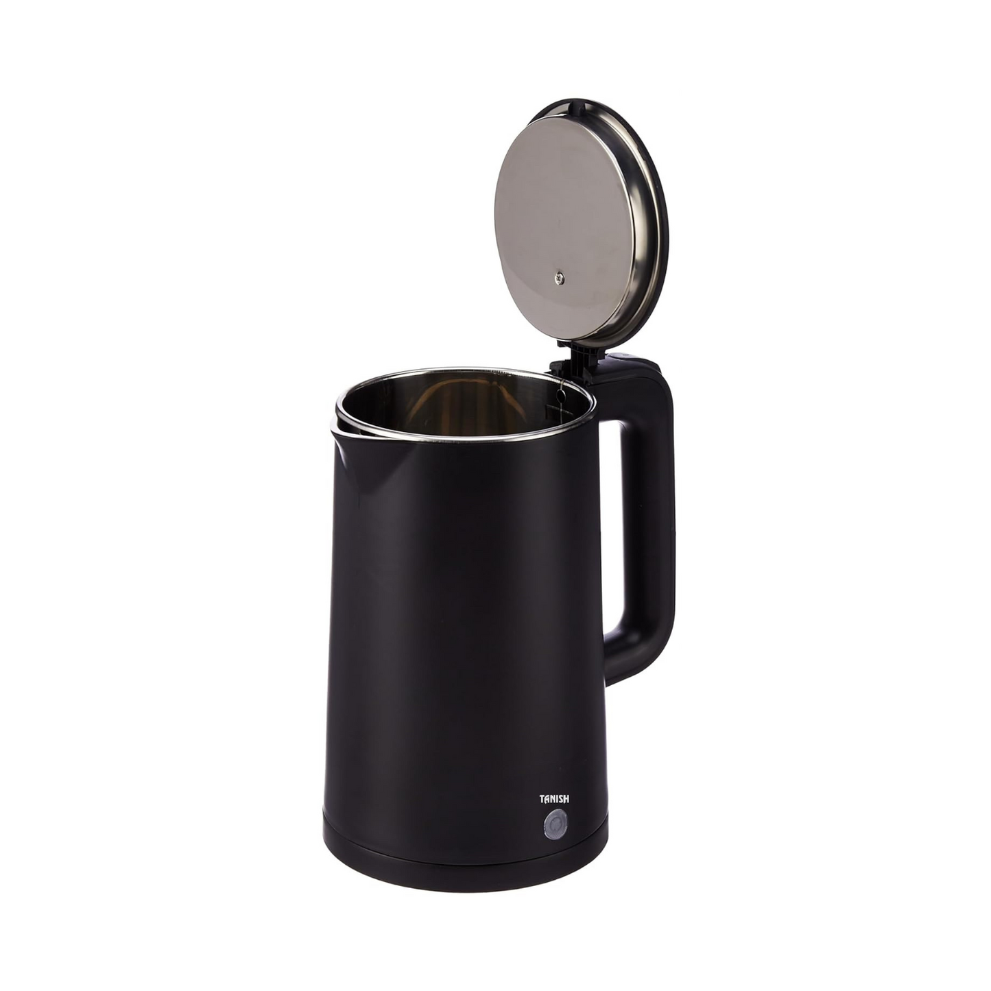 Tanish black kettle with lid open showing stainless steel interior and wide opening
