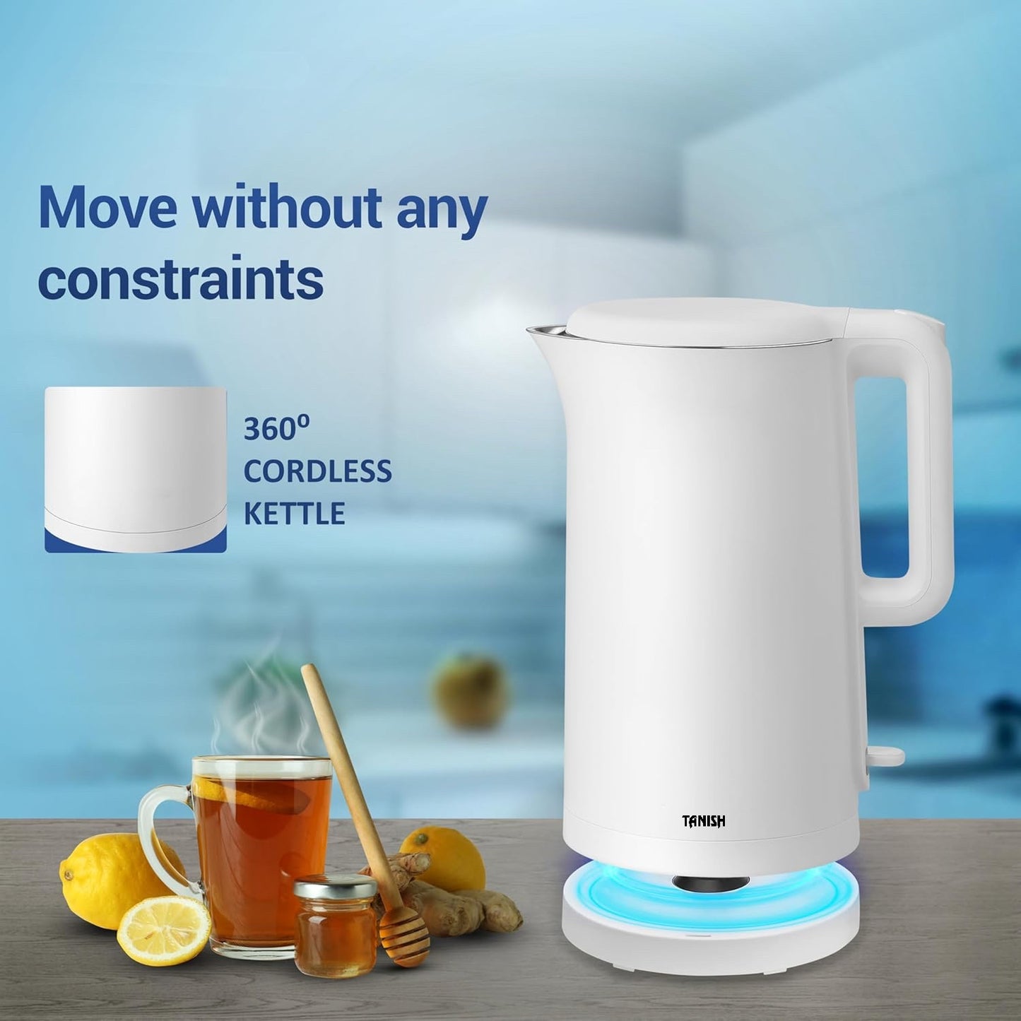 Bottom view of Tanish electric kettle with 360-degree rotating base and blue LED