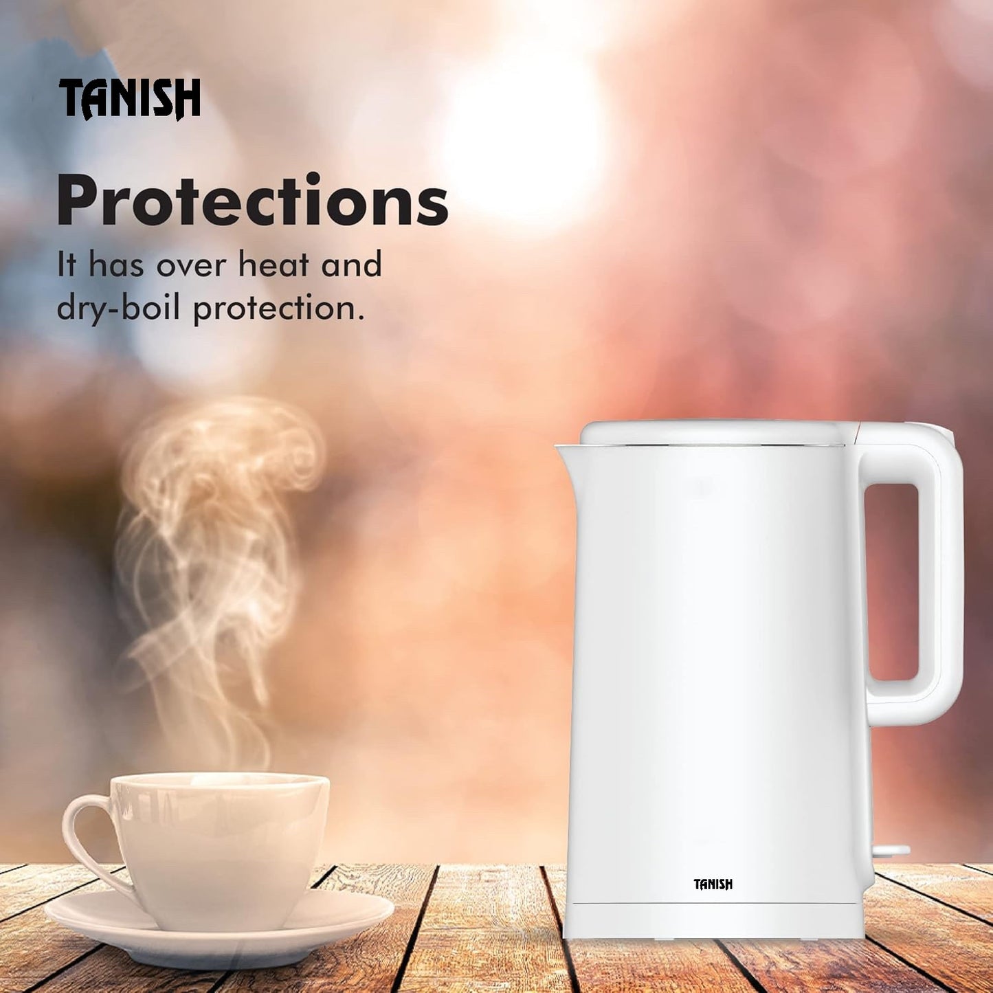 Tanish 1.8L white kettle with steam and overheat protection feature during boiling