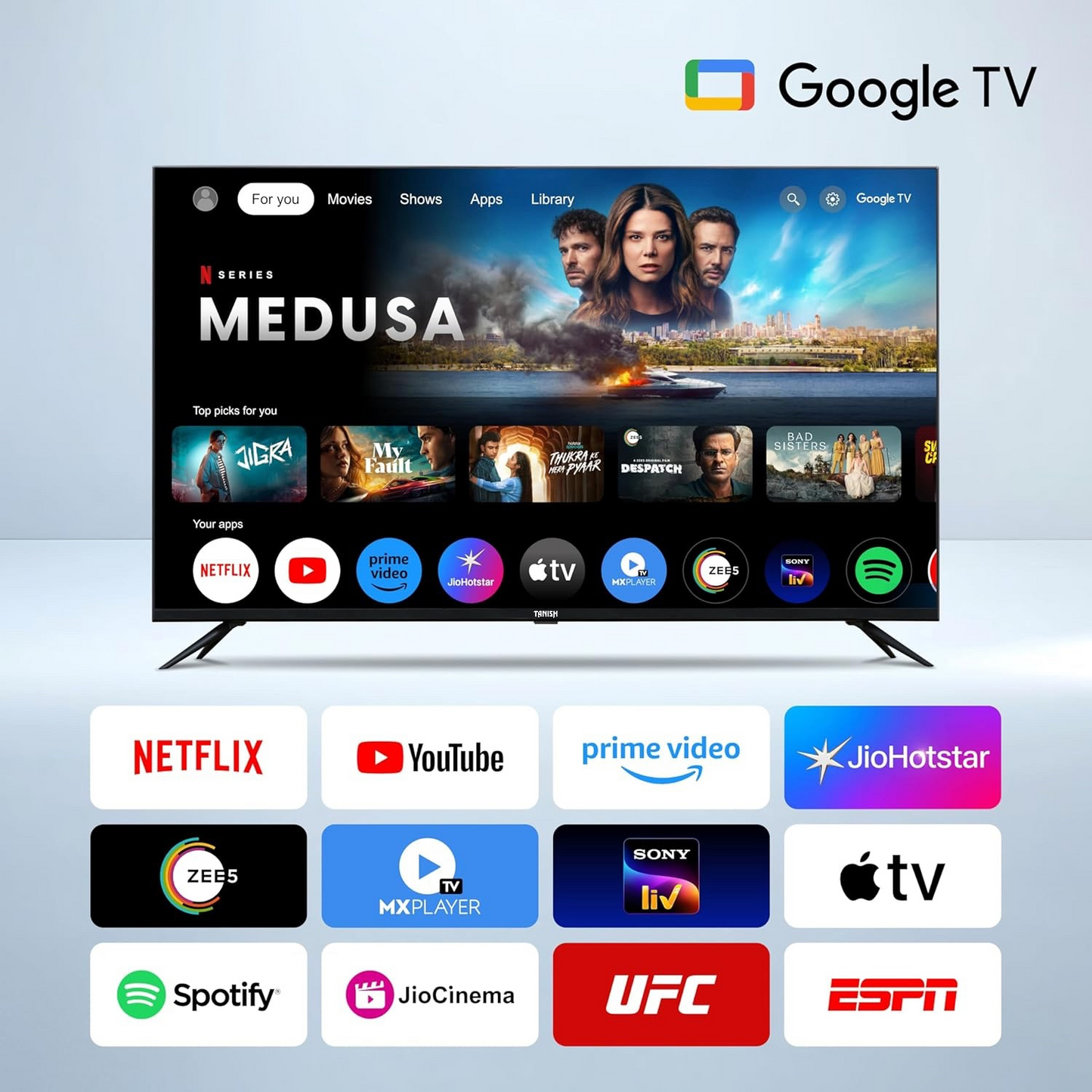 Smart TV interface of Tanish QLED Google TV featuring popular streaming apps like Netflix, Prime Video, and YouTube