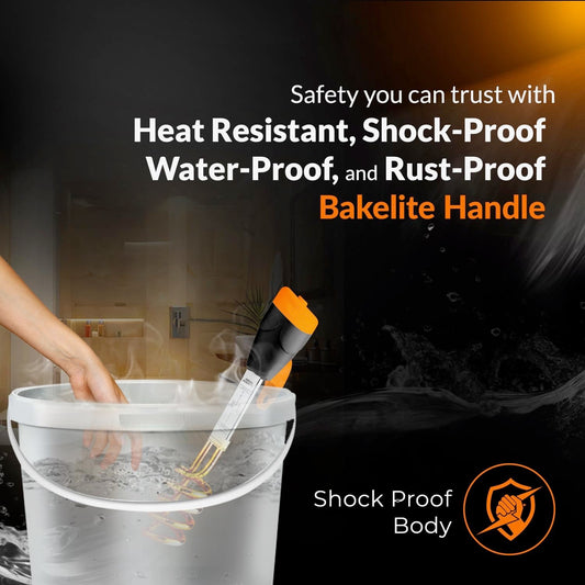 Tanish immersion rod inserted in water bucket showing shockproof and heat-resistant bakelite handle