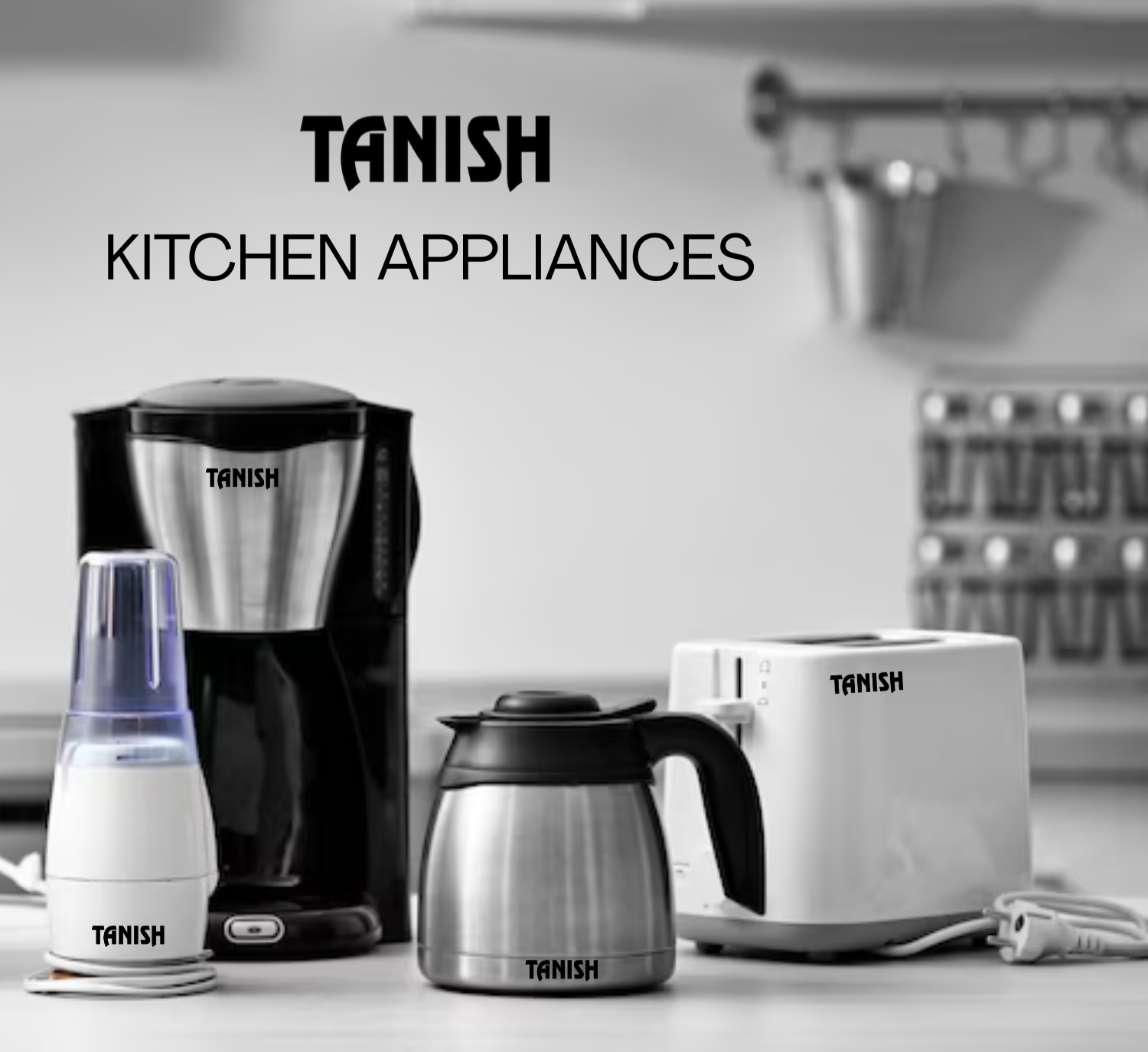 Tanish kitchen appliances collection featuring coffee maker, mini blender, stainless steel kettle, and pop-up toaster on modern kitchen counter