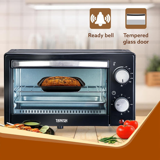 Tanish OTG oven with tempered glass door and ready bell indicator for safety and convenience