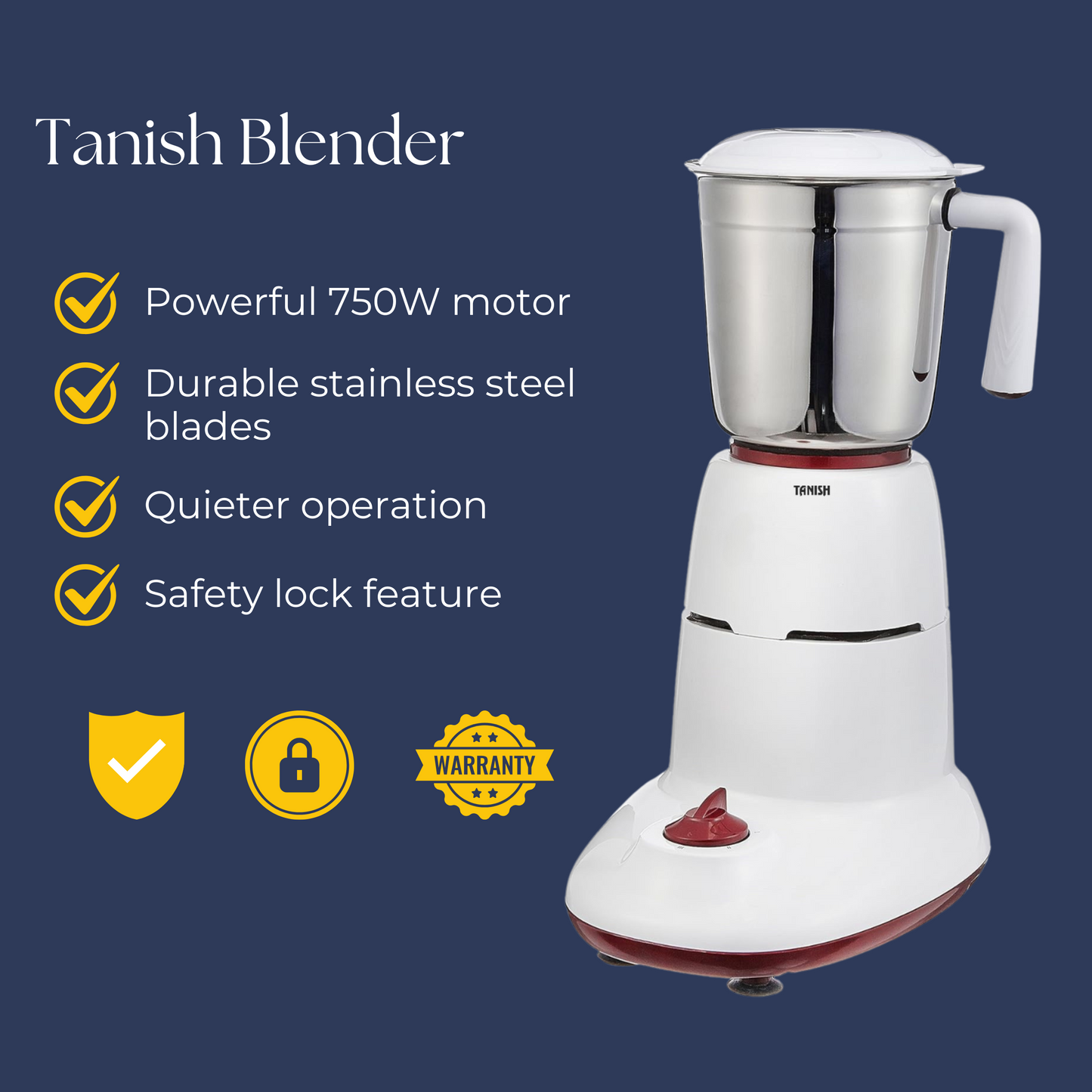 Tanish 750W Mixer Grinder with 3 Stainless Steel Jars (1.7L, 1L, 300ml) – 1 Year Warranty