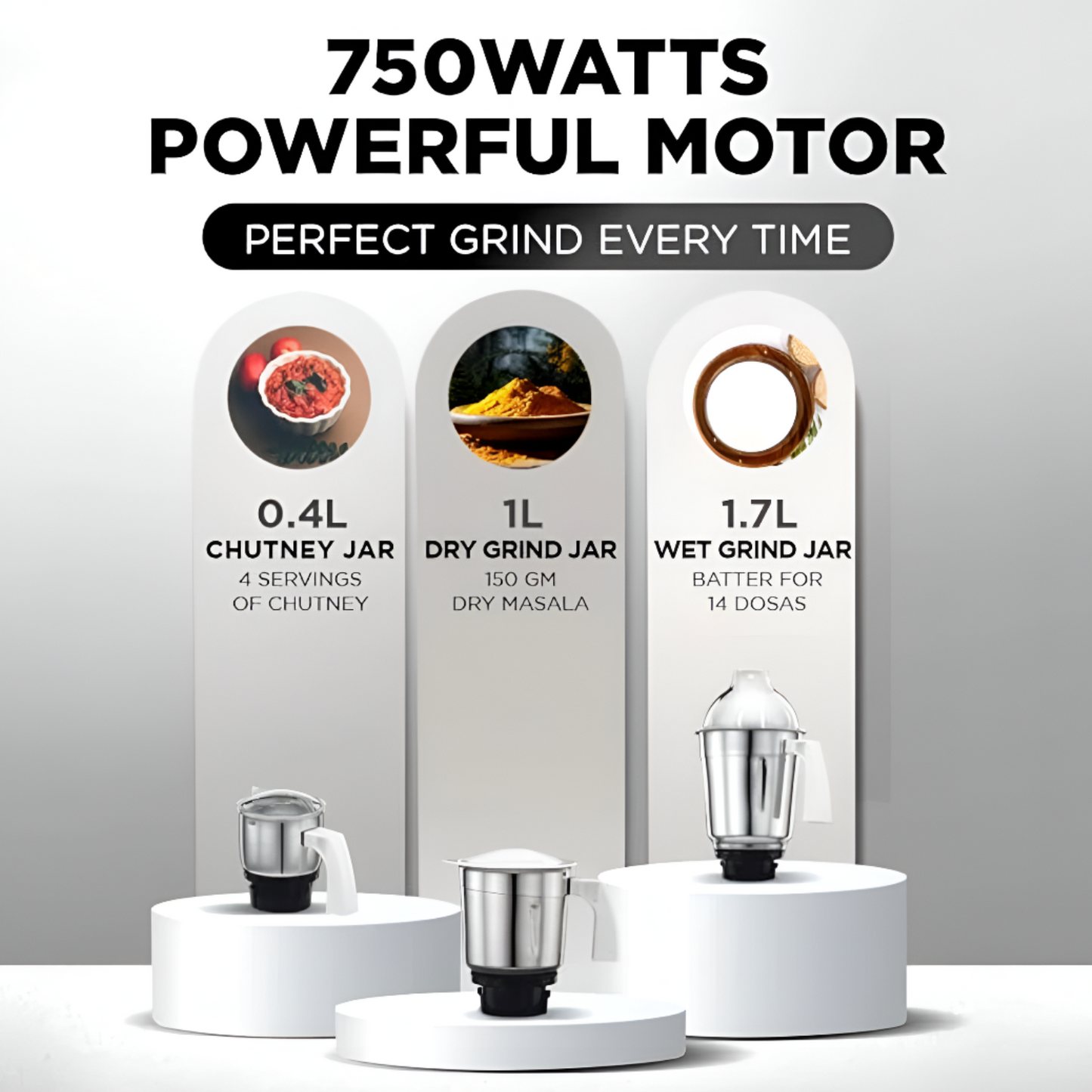 Tanish 750W Mixer Grinder with 3 Stainless Steel Jars (1.7L, 1L, 300ml) – 1 Year Warranty
