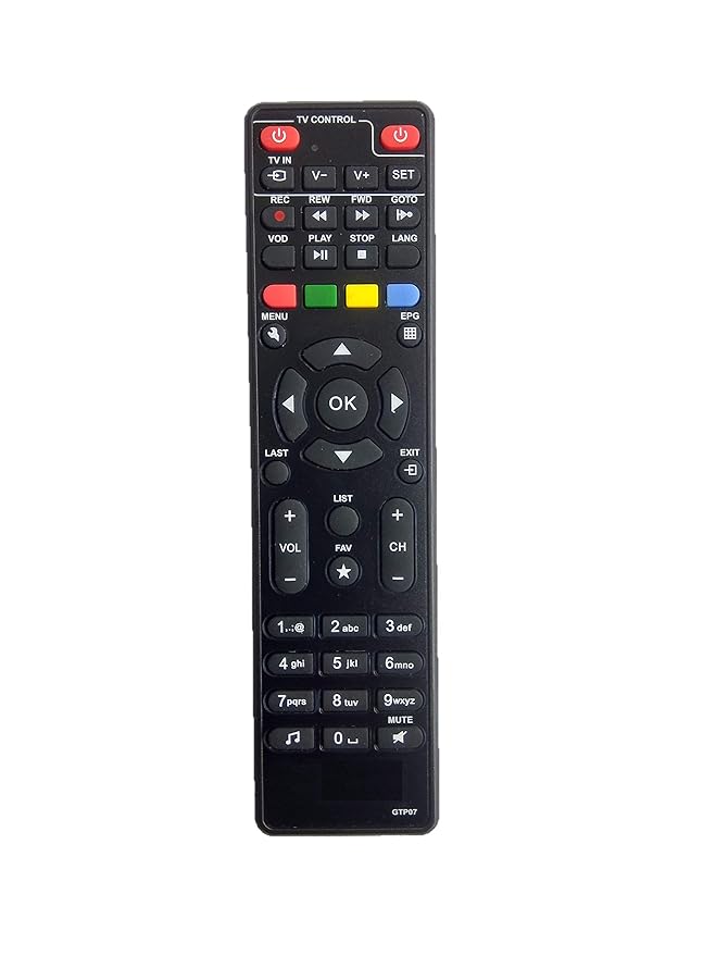 Front view of GTPL HD Set-Top Box Remote featuring a full button layout with colored keys and ergonomic design.