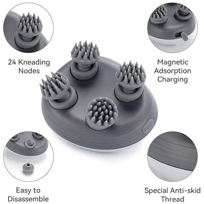 Rechargeable scalp massager with 24 kneading nodes, magnetic charging, and anti-skid design