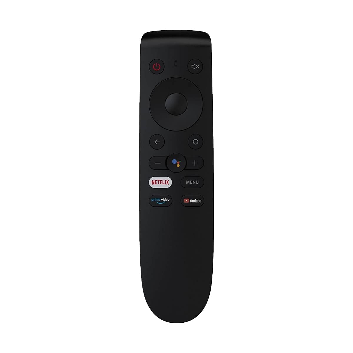 Front view of the OnePlus Smart TV Remote showing control buttons and hotkeys for Netflix, Prime Video, and YouTube.