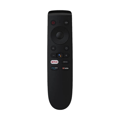 Front view of the OnePlus Smart TV Remote showing control buttons and hotkeys for Netflix, Prime Video, and YouTube.