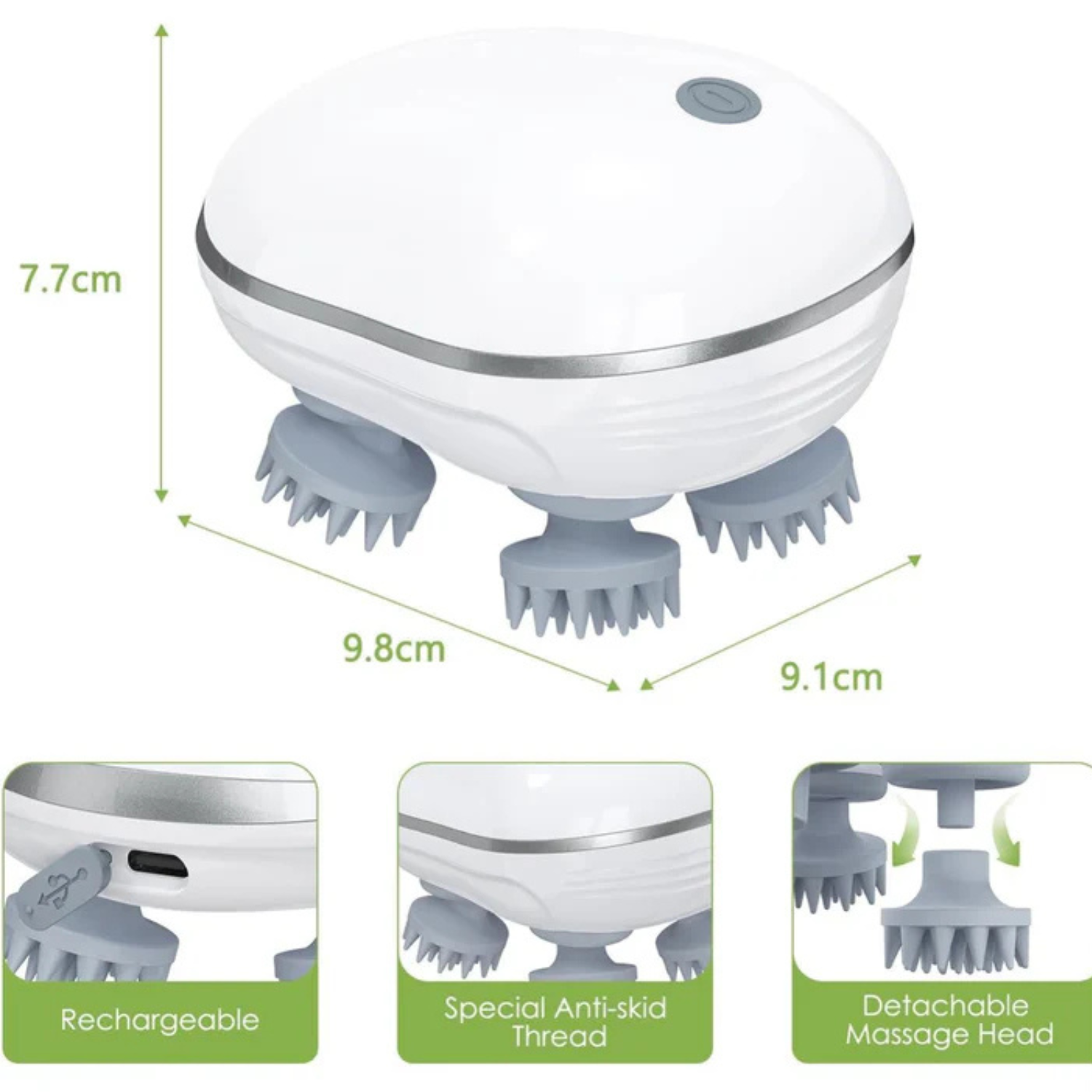 Portable head and scalp massager with detachable massage head, rechargeable battery, and anti-slip grip