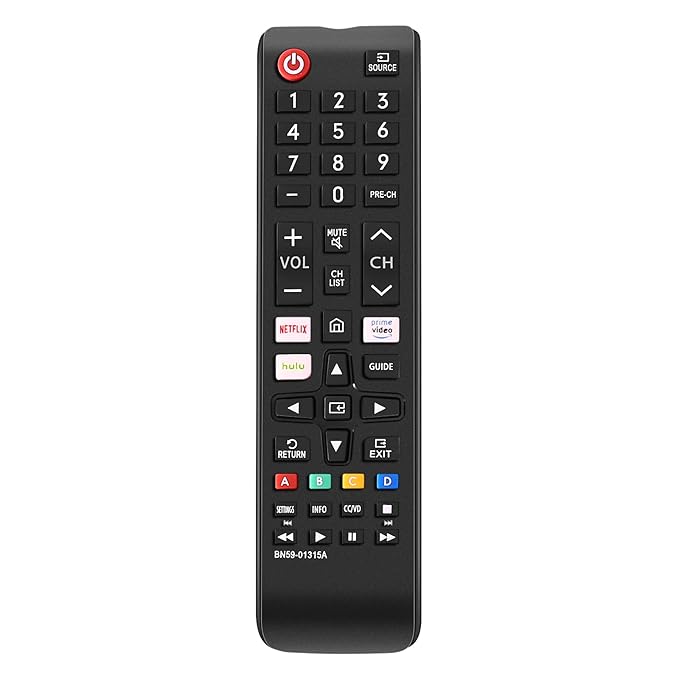 Full front view of the universal Samsung Smart TV remote showing all buttons for complete control.