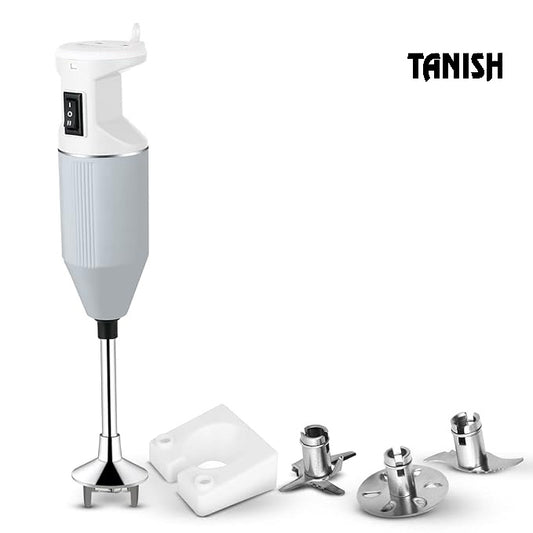 Tanish 180W hand blender with stainless steel blades and multiple attachments, including wall mount kit, displayed on a white background.