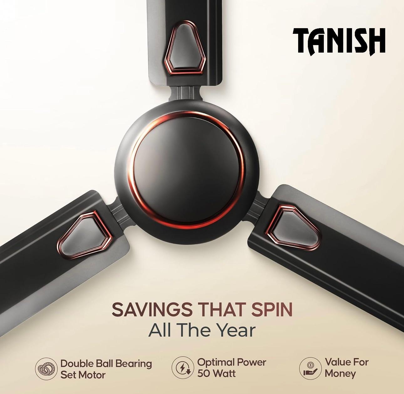 Close-up of Tanish ceiling fan with dual ball bearing motor and 50W power efficiency.