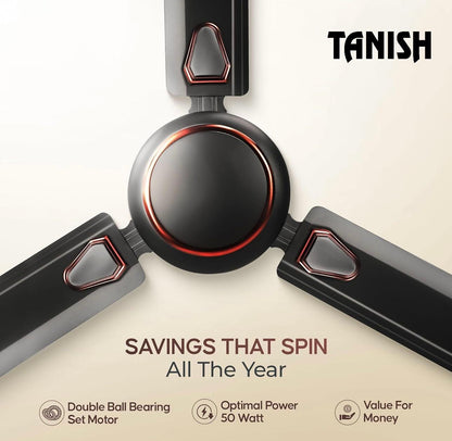 Close-up of Tanish ceiling fan with dual ball bearing motor and 50W power efficiency.