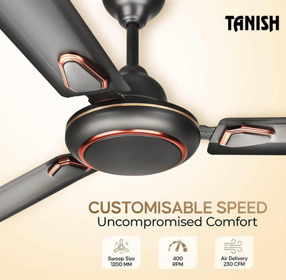 View of Tanish ceiling fan emphasizing customisable 5-speed settings for comfort.