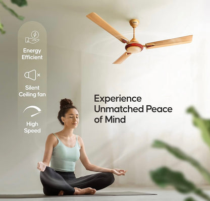 Woman meditating under a golden ceiling fan, representing peaceful and silent operation.