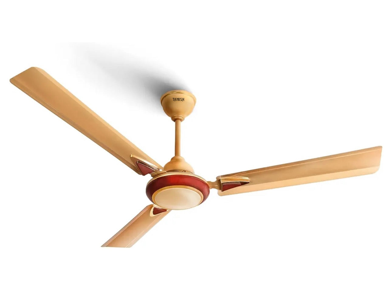 Angled top-down view of golden ceiling fan highlighting sleek finish and clean lines.