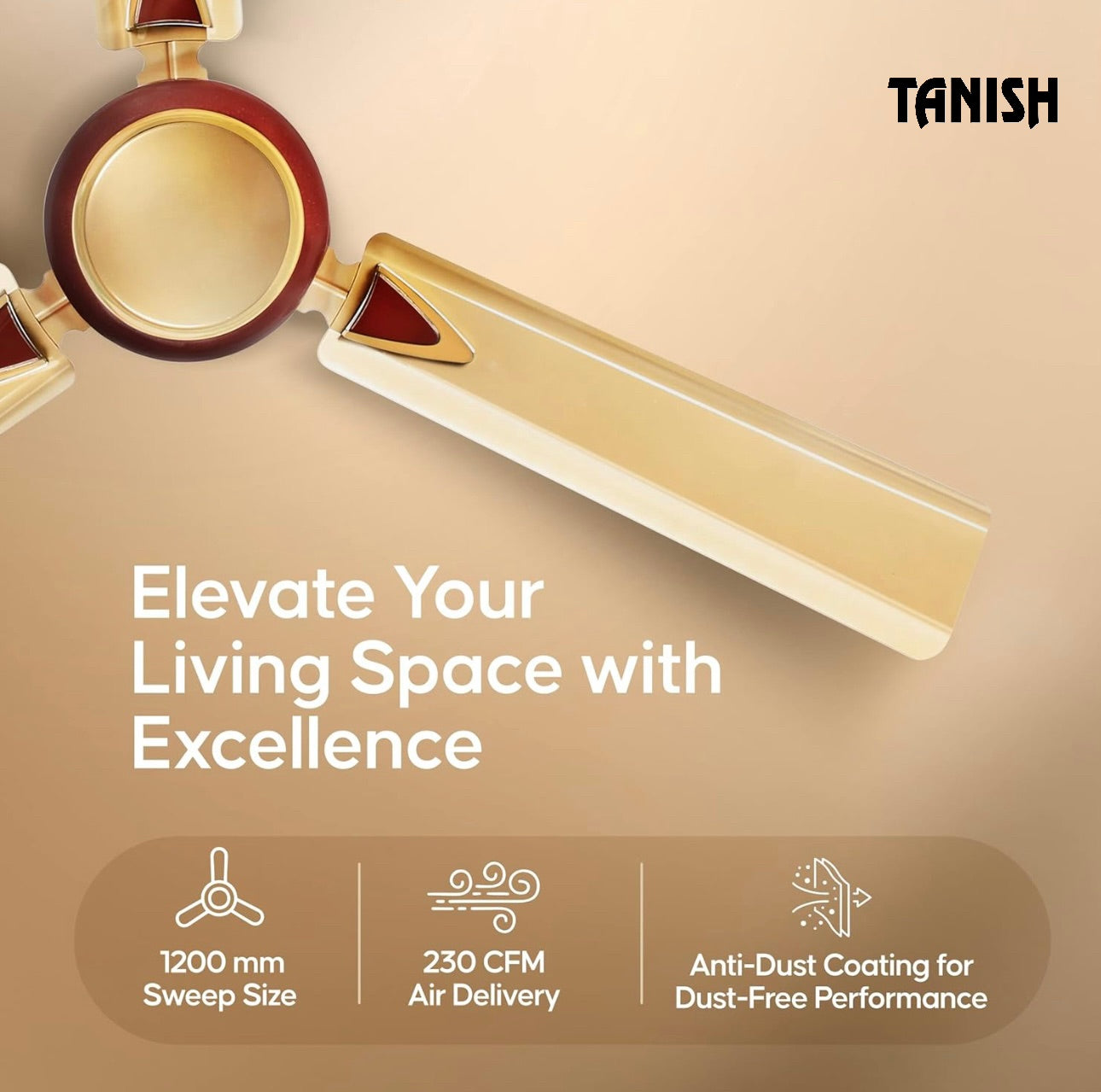 Side angle of golden color ceiling fan featuring modern blades and compact motor housing.