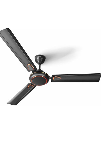 Full view of smoke variant Tanish ceiling fan showing three wide blades and sleek design.