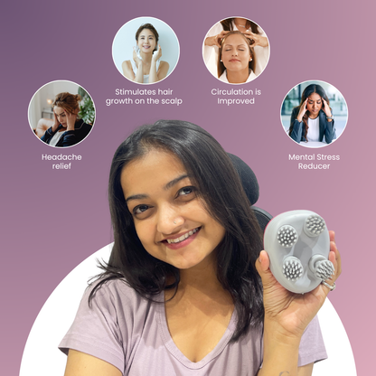 Woman using Tanishele scalp massager for hair growth, improved blood circulation, and headache relief
