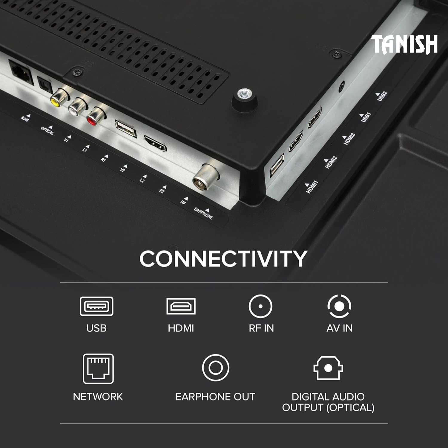 Tanish 32-inch Smart TV back panel showing HDMI, USB, AV, Ethernet, and headphone port connectivity options