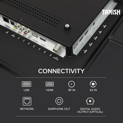 Tanish 32-inch Smart TV back panel showing HDMI, USB, AV, Ethernet, and headphone port connectivity options