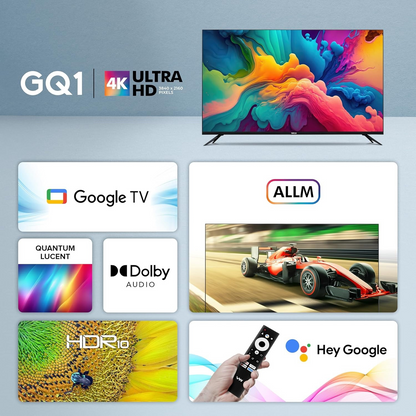 Google TV interface on Tanish 55-Inch QLED Smart TV showing apps like Netflix, YouTube, and Prime Video