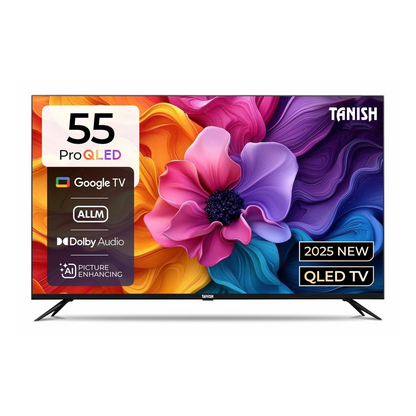 Front view of Tanish 55-Inch 4K Ultra HD QLED Smart TV with Dolby Atmos and bezel-less design