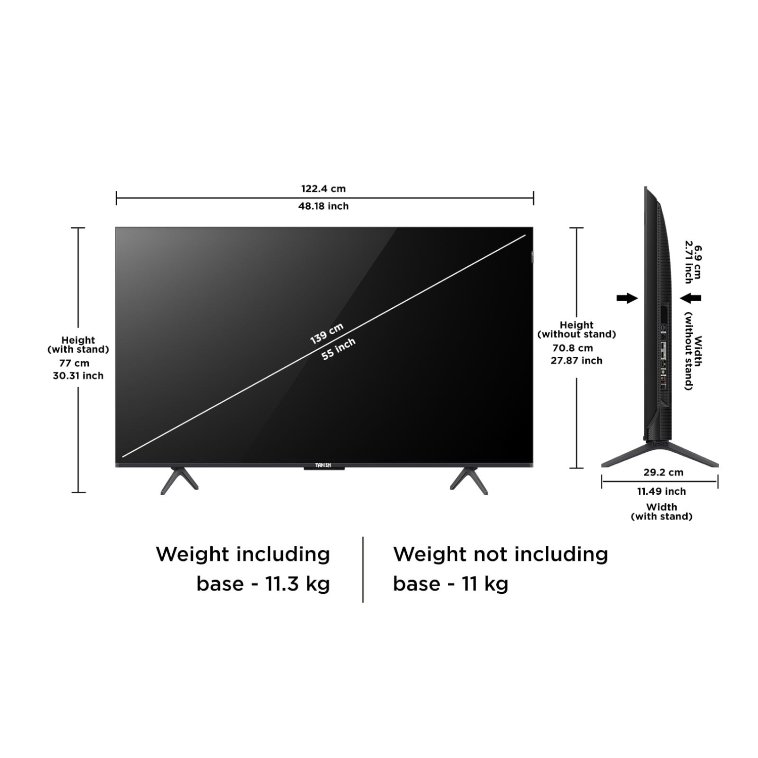 Tanish 55-Inch QLED Smart TV technical dimensions and ultra-slim side profile design