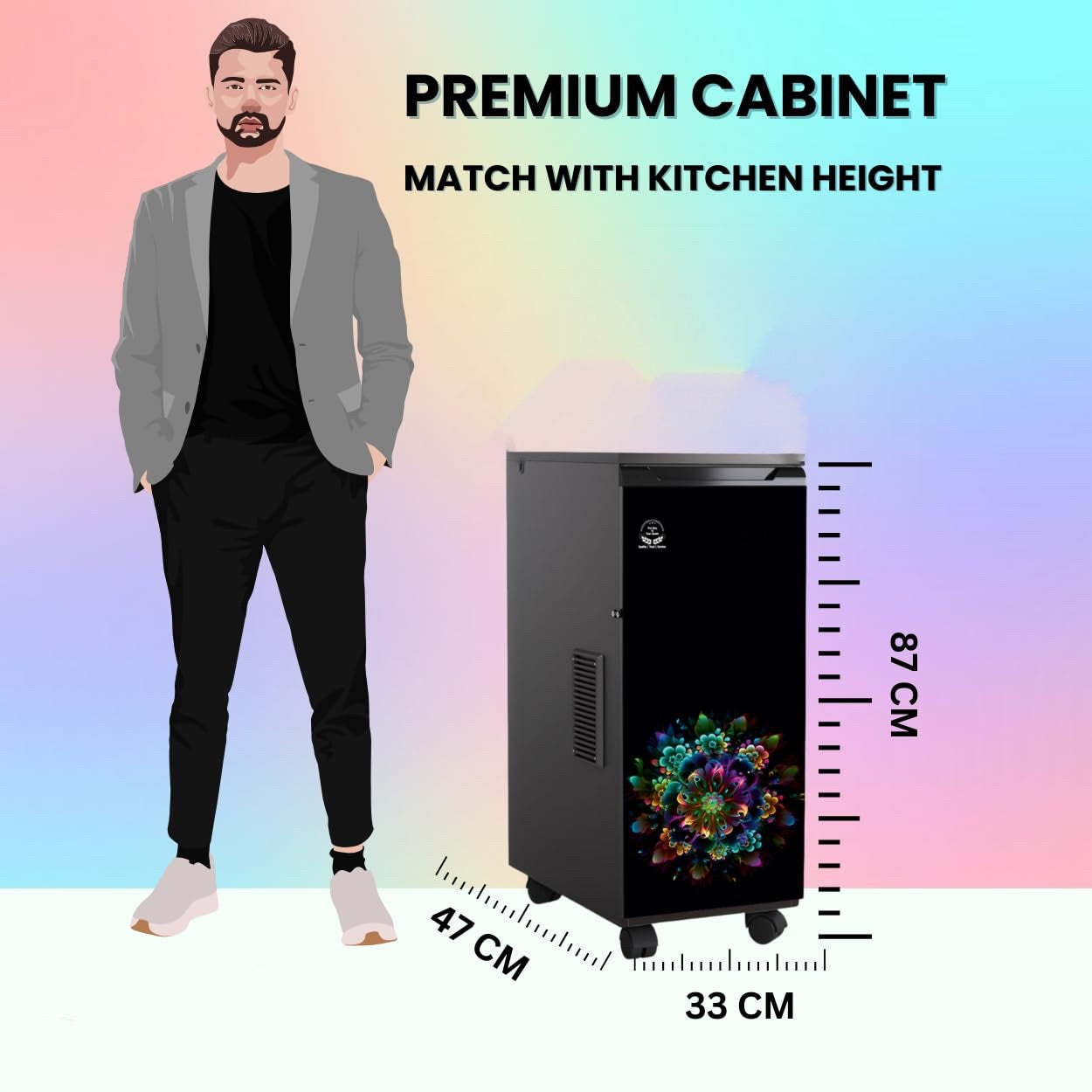Tanish flour mill showcased with person for height comparison, premium matte cabinet design