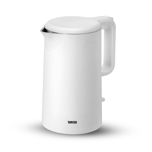 Tanish 1.8L white electric kettle with stainless steel body and cool-touch handle