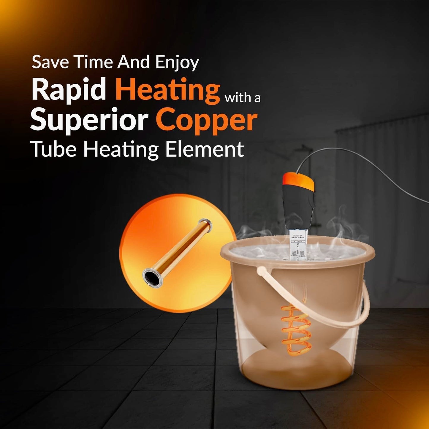 Close-up of Tanish 1500W immersion heater copper tube element for fast and uniform heating