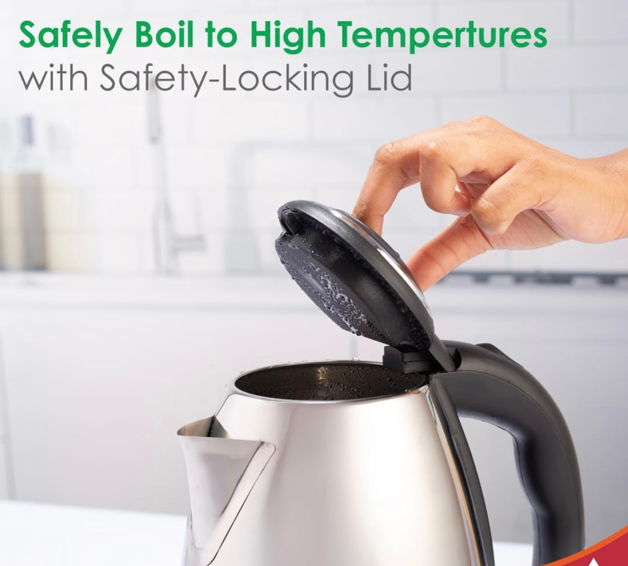 Electric kettle lid safety feature for high-temperature boiling and safe handling
