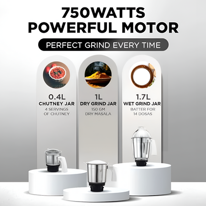 Tanish 750W Mixer Grinder with 3 Stainless Steel Jars (1.7L, 1L, 300ml) – 1 Year Warranty